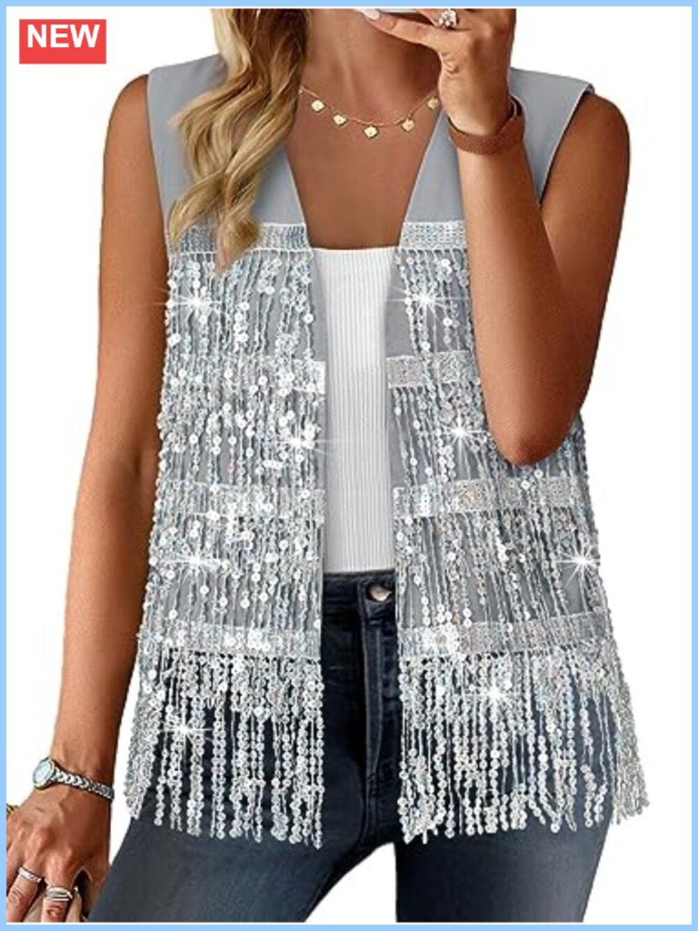 Sequin Fringe Sleeveless Vest Sparkly Cardigan Fitted Crop Festival Party
